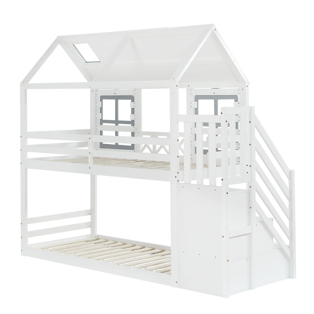 PINGGO Weißgraues Etagenbett 90x200cm mit Dachfenster, Leiter, Fallschirmgitter und 3 Staufächern aus Kiefern-MDF, ohne Matratze – Detail 16