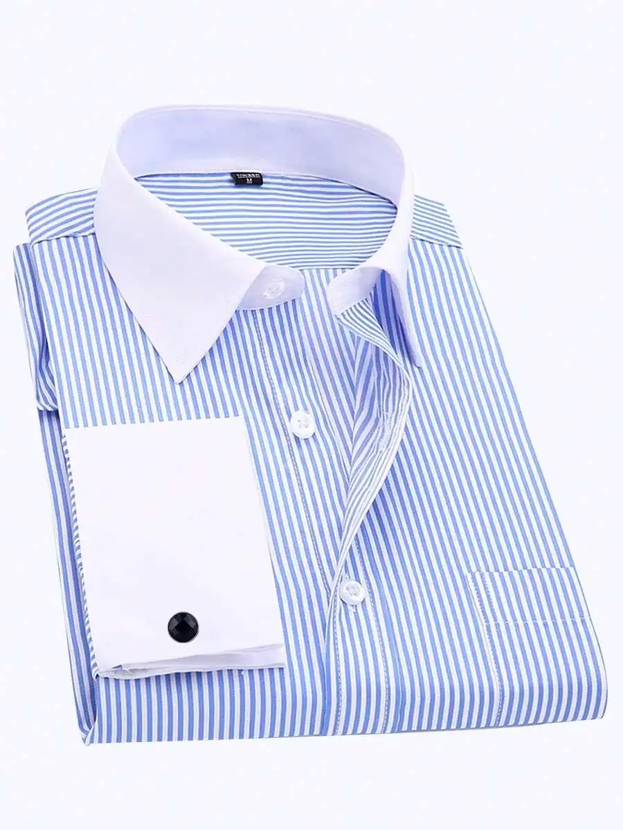 

Men's Blue White Striped French Cuff Dress Shirt with Contrast Collar for Formal Events