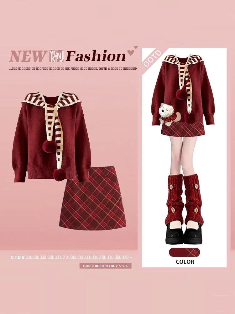 

Красный новогодний вязаный комплект: модный женский свитер с круглым вырезом и юбка в клетку, костюм-двойка больших размеров, омолаживающий образ