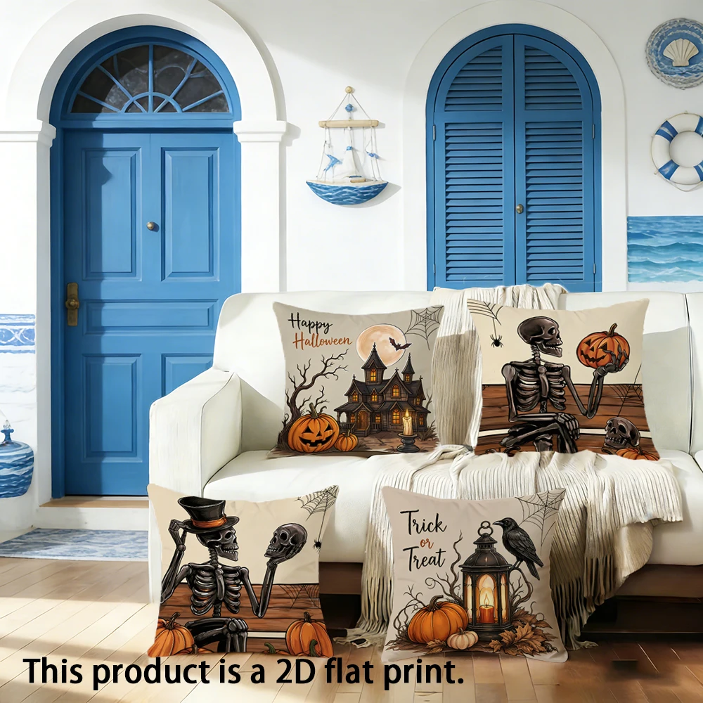 1pc Vintage Halloween Skeleton Pumpkin Throw Pillow Covers, Spooky Season Trick or Treat Cushion Cases for Home Decor