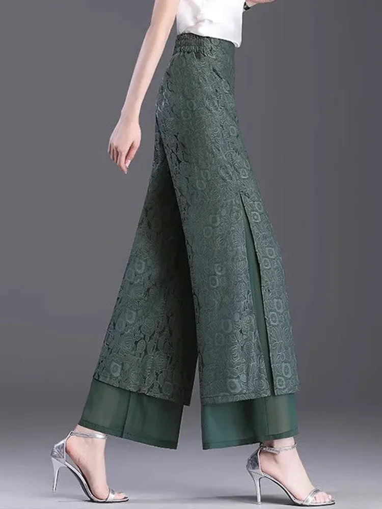 Split Jacquard Design Wide Leg Pants Women Casual High Waist Baggy Straight Pantalones Spring Fall Loose Ankle Length Calca New