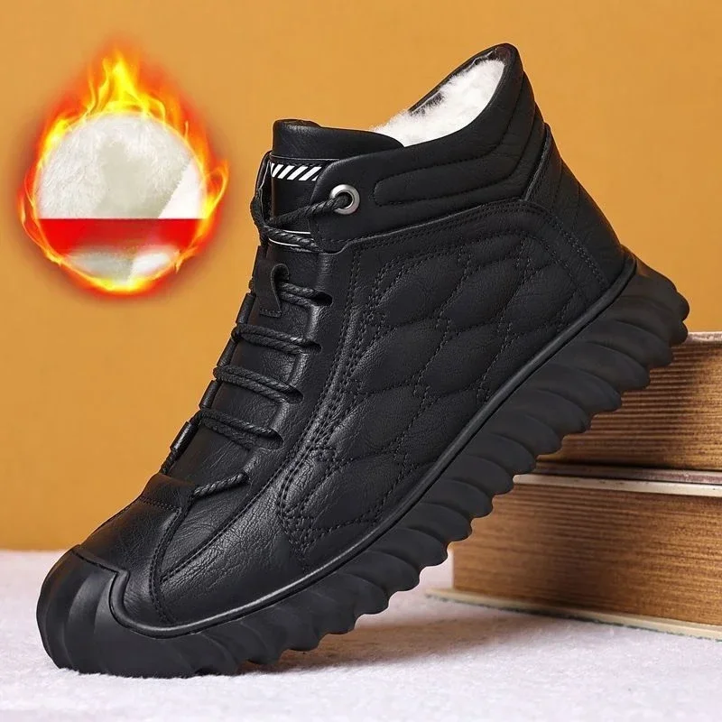 Winter Plus Velvet High Quality Leather Boots Men High Top shoes men Plus Velvet Casual shoes man Soft Sole sneaker tenis tênis