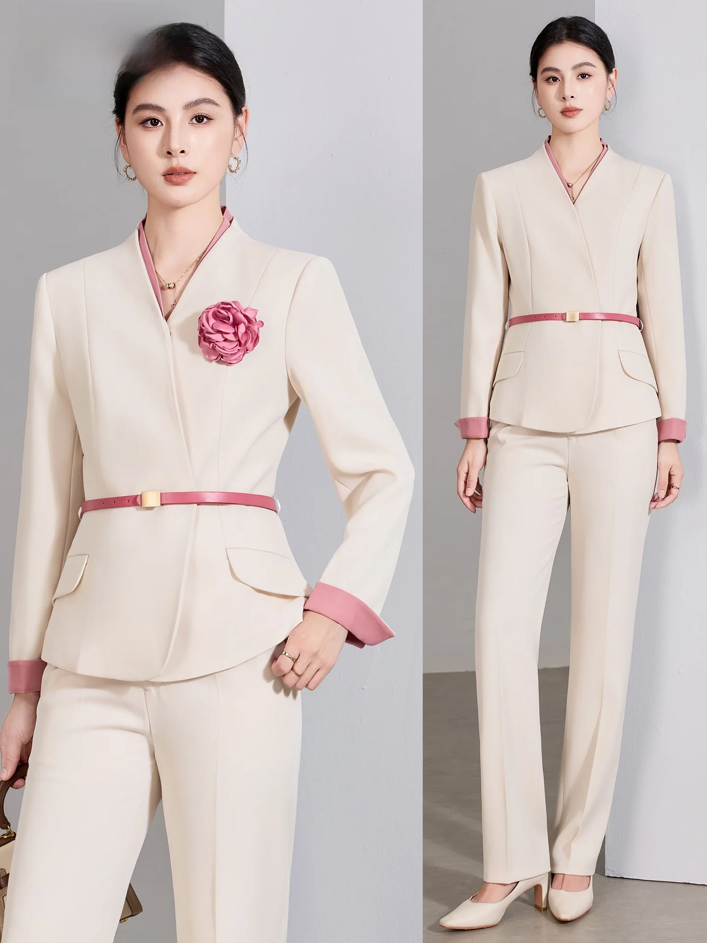 

Cherry Blossom Long Sve Profional Suit Set Beau Salon Jewelry Store Gold op Hotel Front Desk Reception Work orm