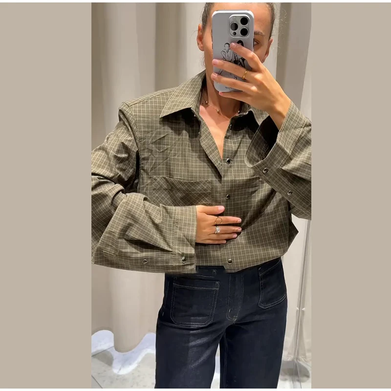 Frauen Vintage Plaid Blusen Einreiher Schulter Pad drehen-unten Kragen Langarm-shirt Alle-spiel Büro Dame herbst Shirts – Detail 12