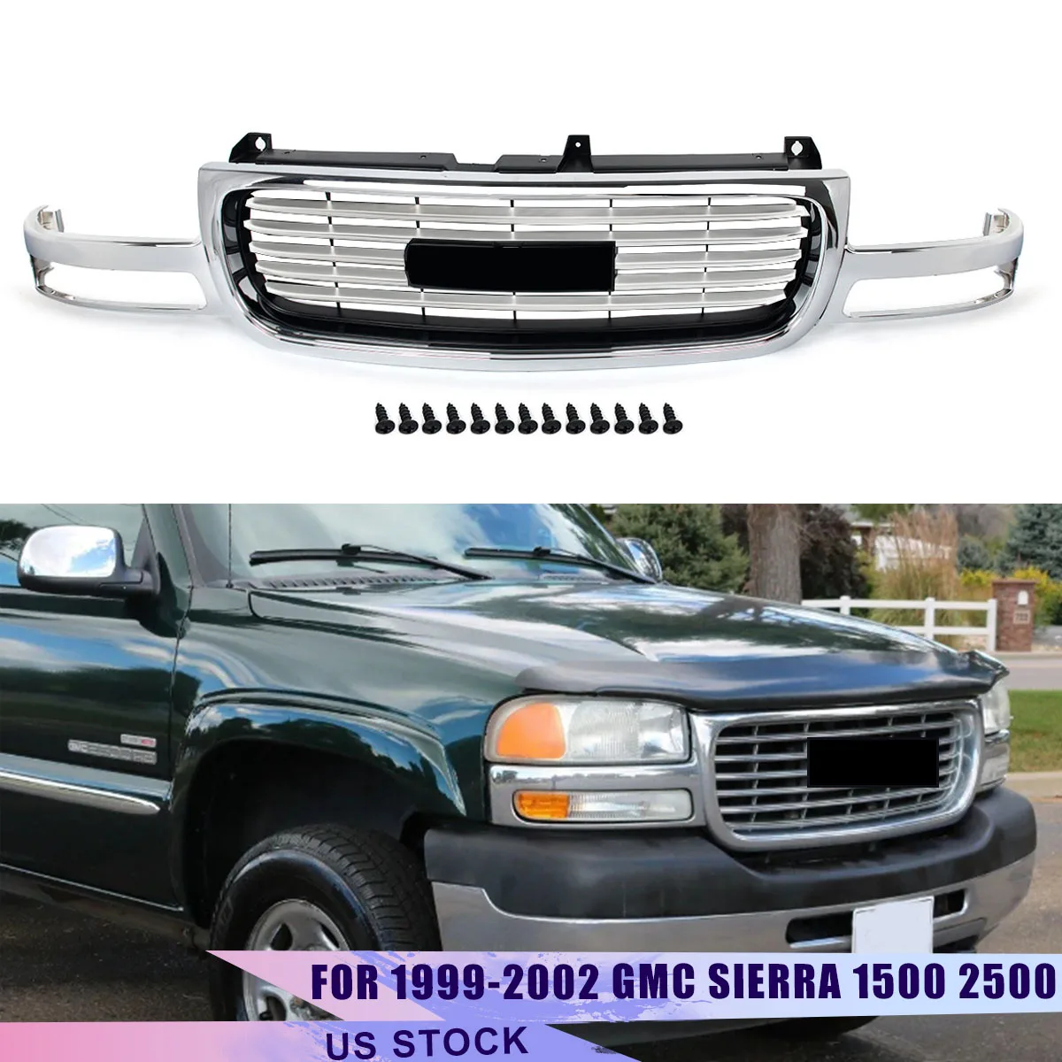 

Chrome Front Bumper Grille Modified Grill For 1999-2002 GMC Sierra 1500 For Yukon XL Front Upper Grille Air Inlet Mesh Grills