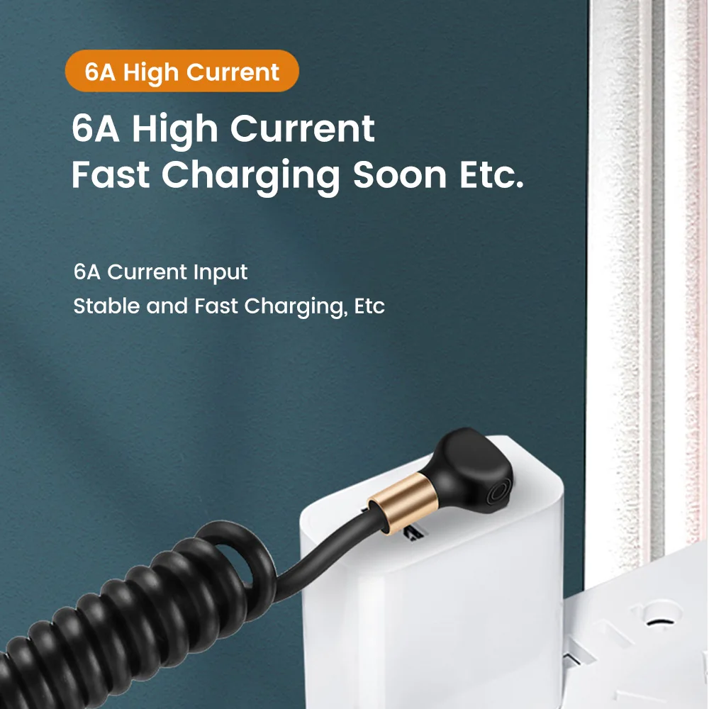 6A Car Spring Data Cable Elbow Retractable USB A To Type C Fast Charging Cable for Samsung Xiaomi Huawei USB Type C Cable