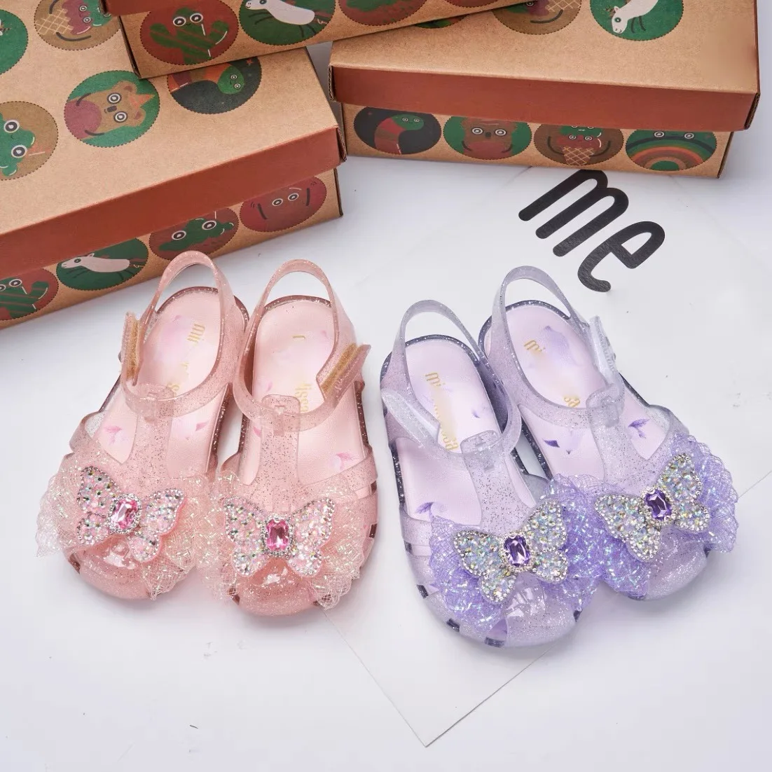 Mini Melissa Girls Sandals Kid Summer Sweet Rhinestone Party Princess Beach Shoes Cute Bowknot Soft Sole Flat Sandals сандалии