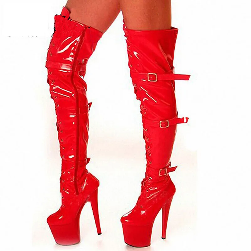 8Inch Sexy Fetish 20cm Gothic White Patent Leather Exotic Platform Women\'s Round Toe Over The Knee Boots Pole Dance High Heels