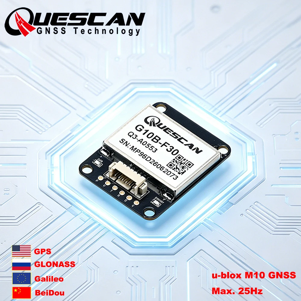 Módulo GPS GNSS QUESCAN G10B-F30 UBX M10 com Antena Externa, Receptor ESP32 Arduino NMEA GPS Galileo GLONASS BeiDou SBAS QZSS