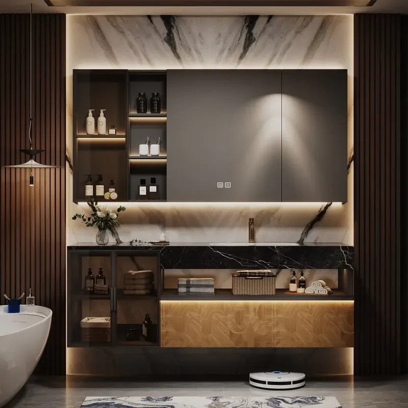 Modern Italian Minimalist Aesthetics,Solid Wood Cabinet Matched with Ceramic Basin, Smart Mirror / Mirror Cabinet