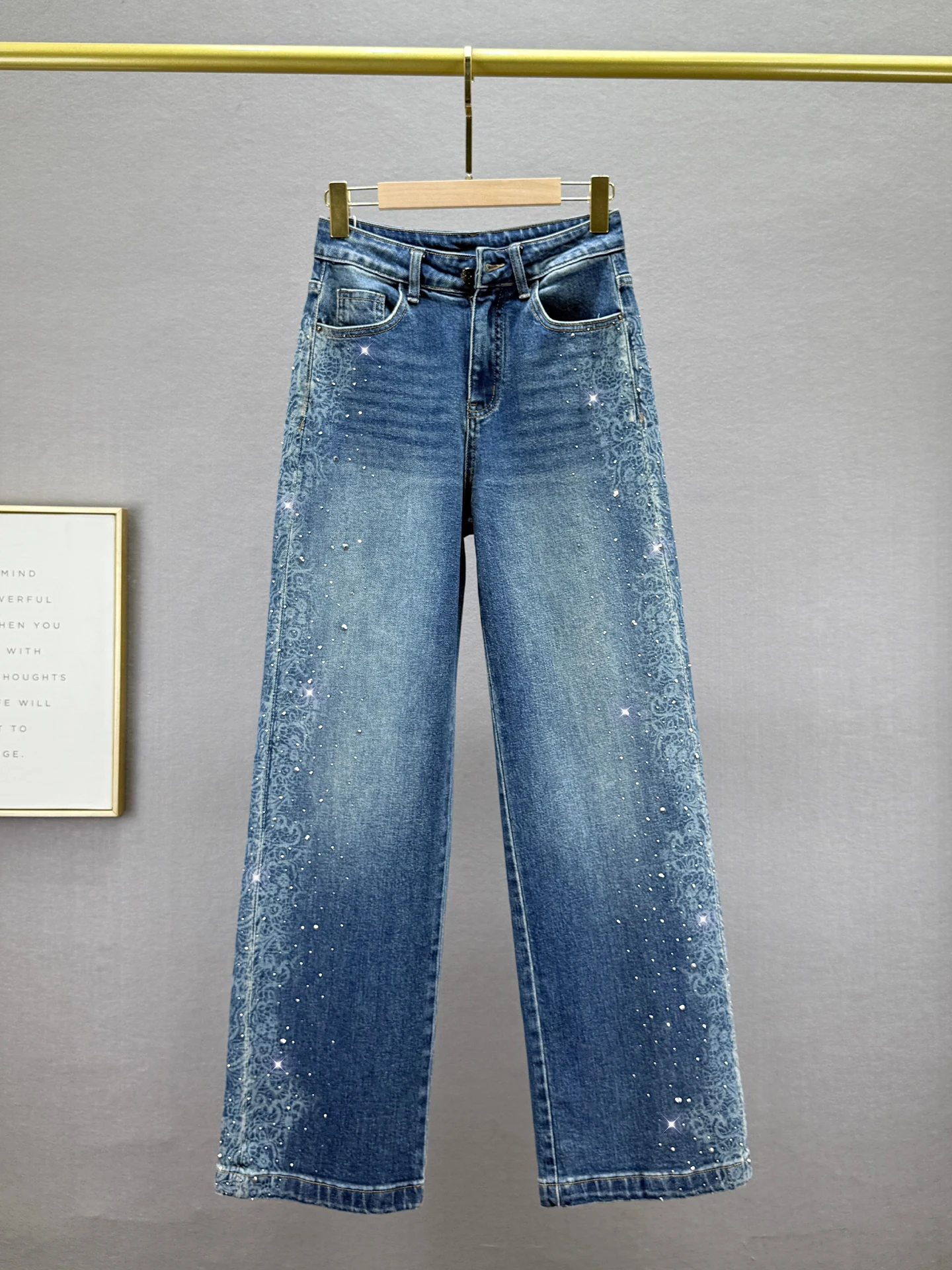 

Extended High Waist Women's Jeans 2025 Autumn New Sle Loose Slimming European Vintage Look Rhinestone Straight Leg Pants