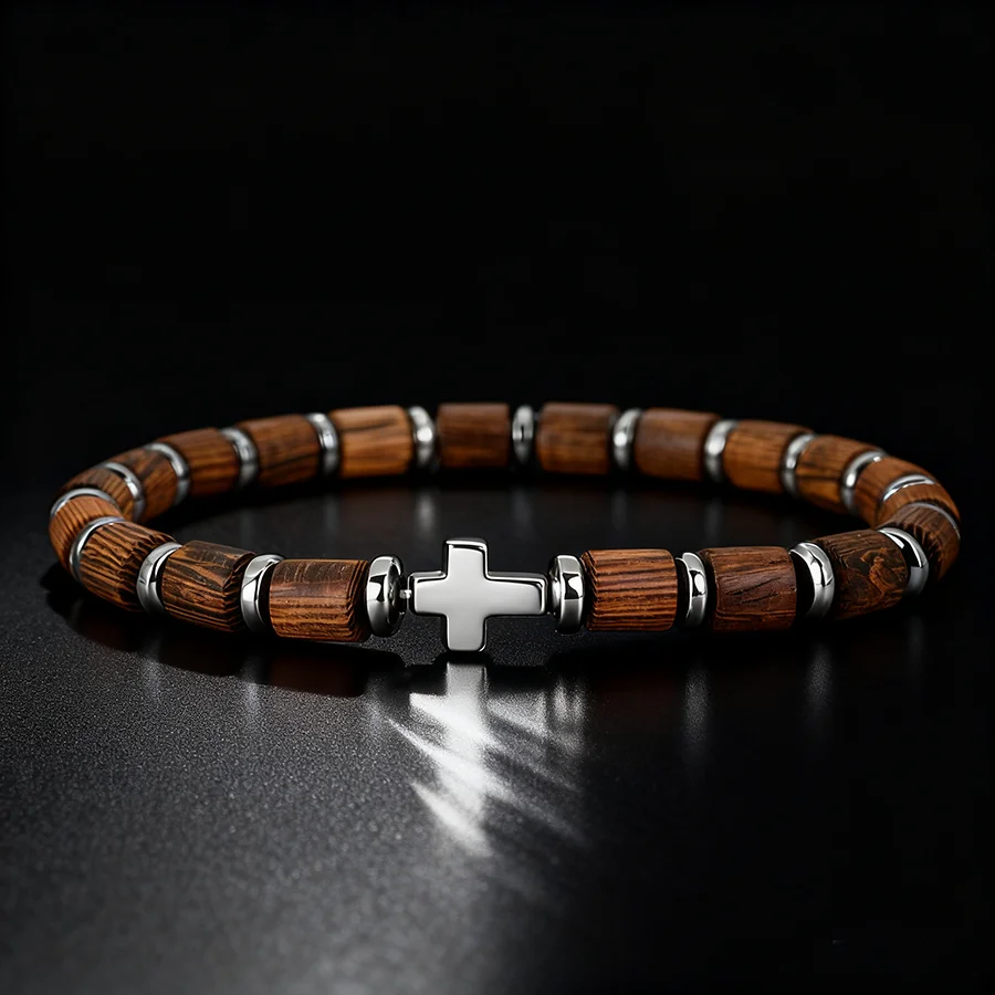 Noter Natural Wooden Bracelet For Men A Grade Hematite Stone Handmade Meditation Spiritual Healing Braclet Cross Strand Braslet