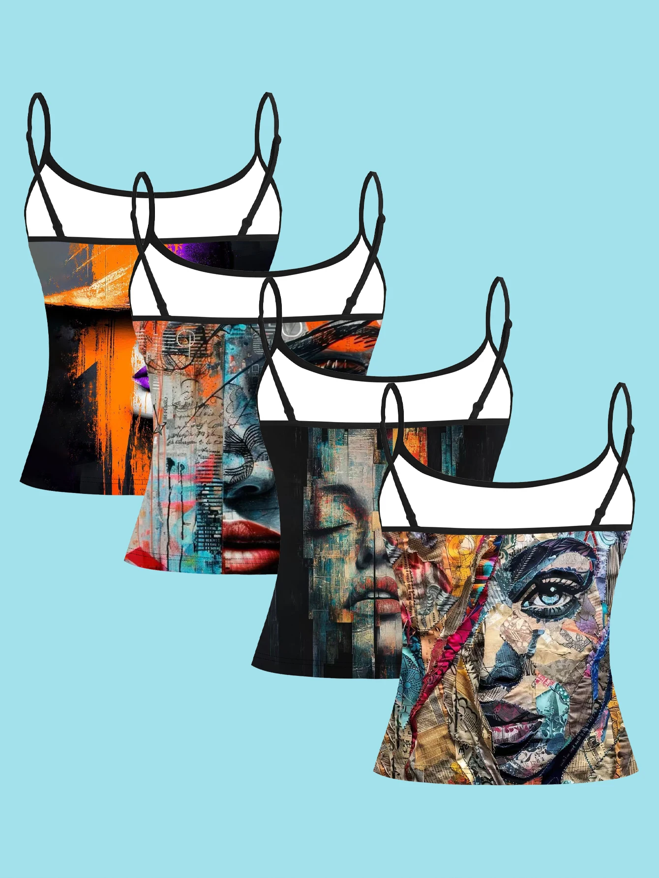 4-Piece Set of Collage Art Portrait Oil Painting Graffiti Print Camisoles, Vintage Distressed Newspaper Fragment Female Portrait Art Print Women's Slim-Fit Spaghetti Strap Sleeveless Tops for Outerwear or Layering
