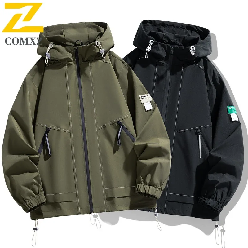 

COMXZ Мужская куртка Классическая ветрозащитная куртка с капюшоном для приключений на открытом воздухе Однотонный дизайн Дорожная легкая осенняя мотоциклетная куртка