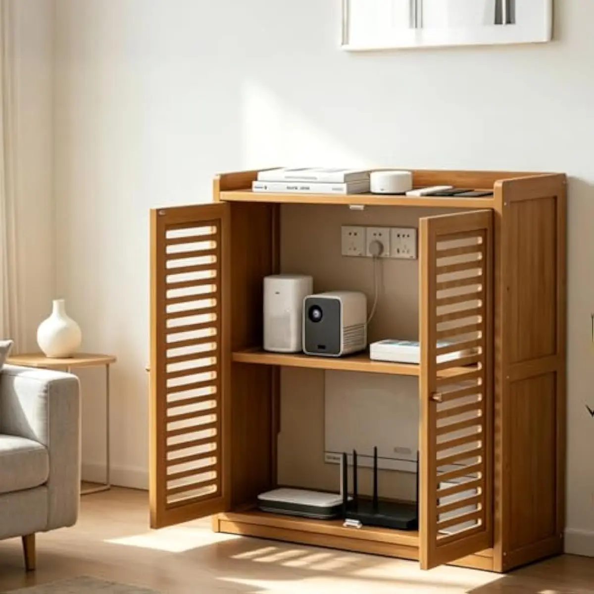 Wifi Router Cabinet with Ventilated Louvered Doors Adjustable Dual-Tier Shelving Wall-Mount Ready Sturdy Wooden Media Console Co