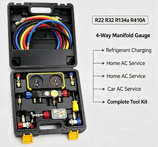 R22 R32 R134a R410A 4-Way Manifold Gauge Set, Home And Car Air Conditioner Refrigerant Charging Kit