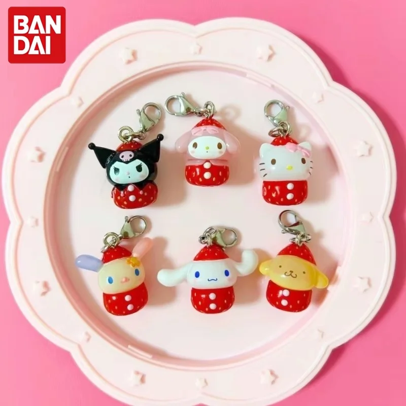 Bandai Gashapon Sanrio Strawberry Dress Charm Keychain Figure Collection Kawaii Anime Hello Kitty Kuromi My Melody Cinnamoroll