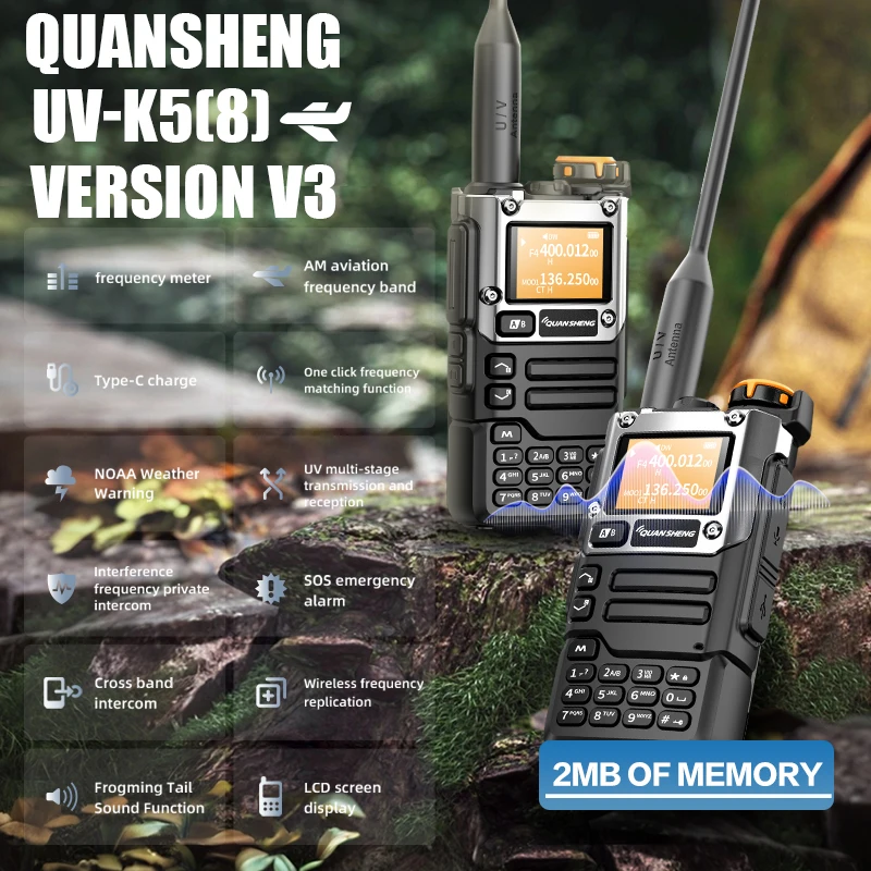Quansheng UV-K5(8) 5W Walkie Talkie: Air Band Aviation Receiver, UHF VHF Dual Band, Type-C Charge, DTMF, NOAA, FM Two Way Radio