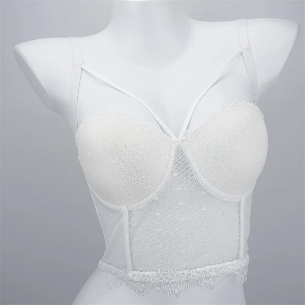 

Fashion Nightclub Sexy Polka Dot Lace Embroidered Straps Tube Top Translucent Fishbone Waist Hot Girl Vest for Women