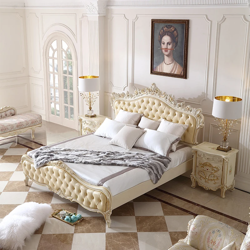 !@French Style Bedroom Furniture Sets Wooden Beds Luxury Antique Up-holstered king Size Beds