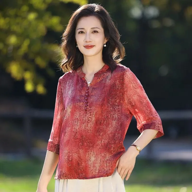 

Middle Aged Women Chinese Style Embroidery Frog Button Three Quarter Sleeve Blouse Cardigan