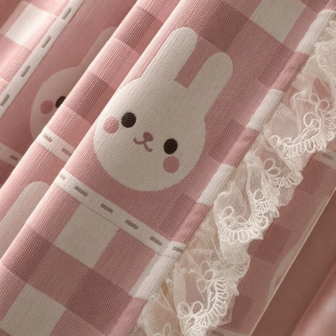 Cute Pink Plaid Rabbit Print Lace Trim Blackout Curtain, Sweet Window Drapes for Girls Kids Bedroom Home Decor