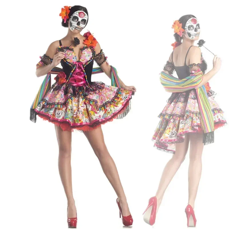 

Adult Women Scary Skull Vampire Zombie Dress Halloween Party Mexican Day of The Dead Flower Fairy Ghosts Bride Cosplay Costume