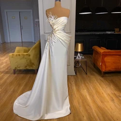 STEVDITG Fashion Pearls White Wedding Dress Luxury Strapless Sleeveless Beading Feather Floor Length Mermaid Gowns Bride Dress