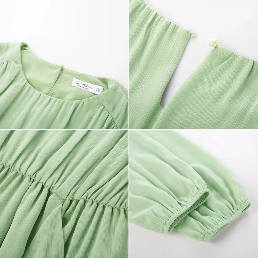 Jasambac Women Elastic Waist Dress Long Sleeve Crew Neck Ruched A-Line Dress