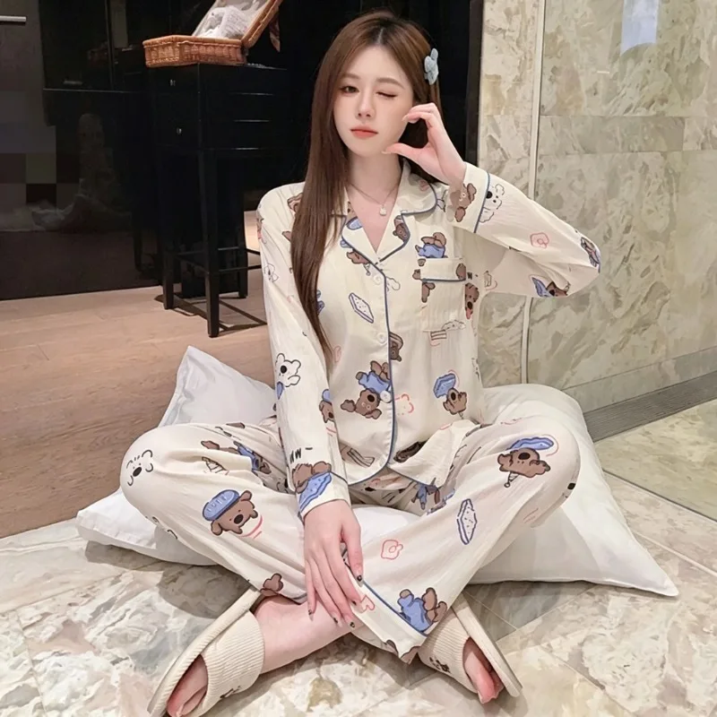 Large Size Pajamas Women with Chest Pad Cherry Print Plaid Sleepwear Long Sleeve Button Soft Loose Autumn New 2 Piece Loungewear