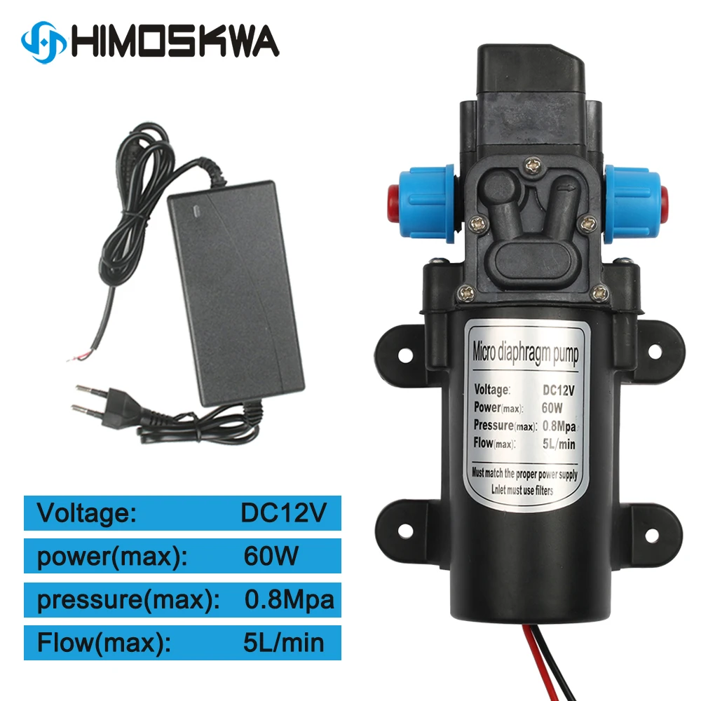 DC 12V 60W Micro pompa dell'acqua a membrana elettrica 5L/min pompa dell'acqua Spray per lavaggio auto ad alta pressione 0.8Mpa 5L/min
