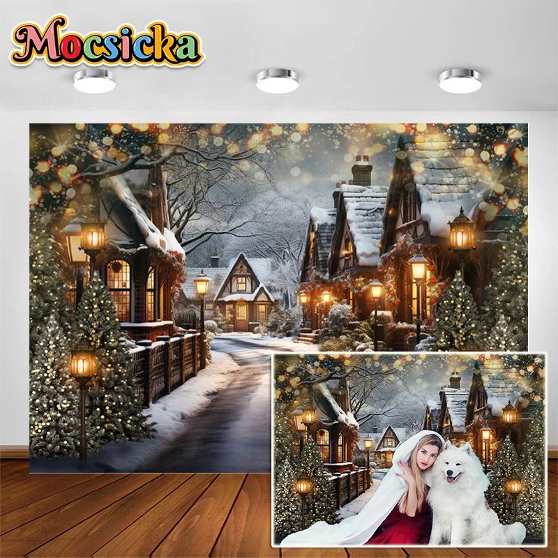 

Mocsicka Winter Christmas Town Photo Backgrounds Pathway Street Lights Glowing Xmas Tree Backdrop For Party Decoration Photocall