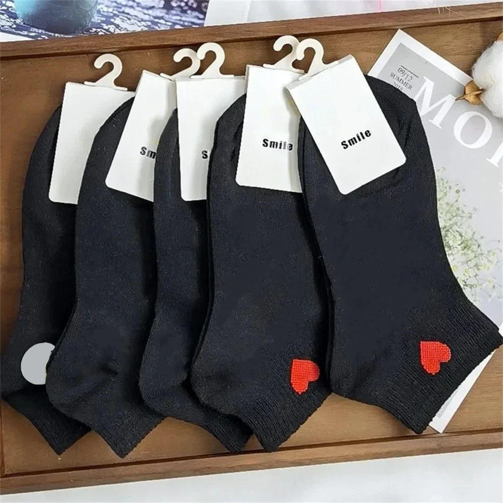 5/10 Pairs Women Low Tube Cotton Boat Socks Cute Love Heart College Girls Socks New Fashion High Quality Black White Ankle Socks