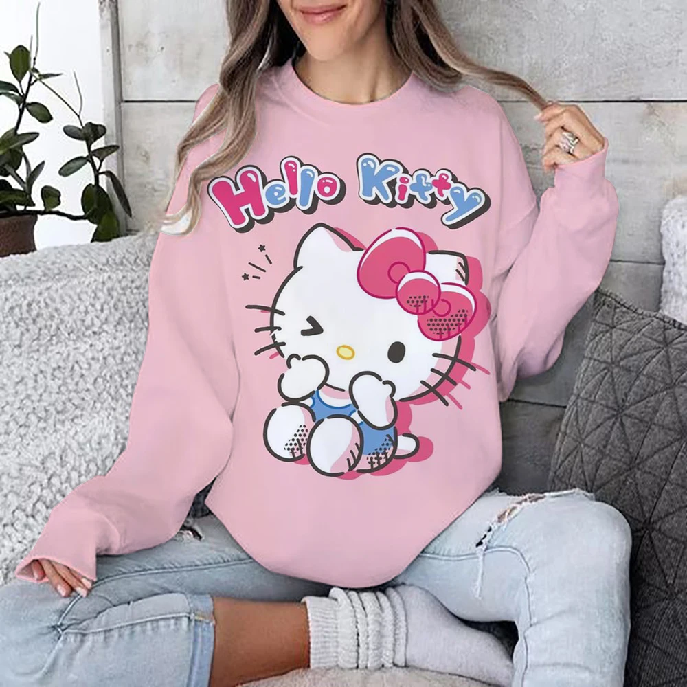 HELLO KITTY Primavera Donna Felpe Streetwear Cartoon Poliestere O-Collo Pullover Manica intera Casual groot Top Felpe