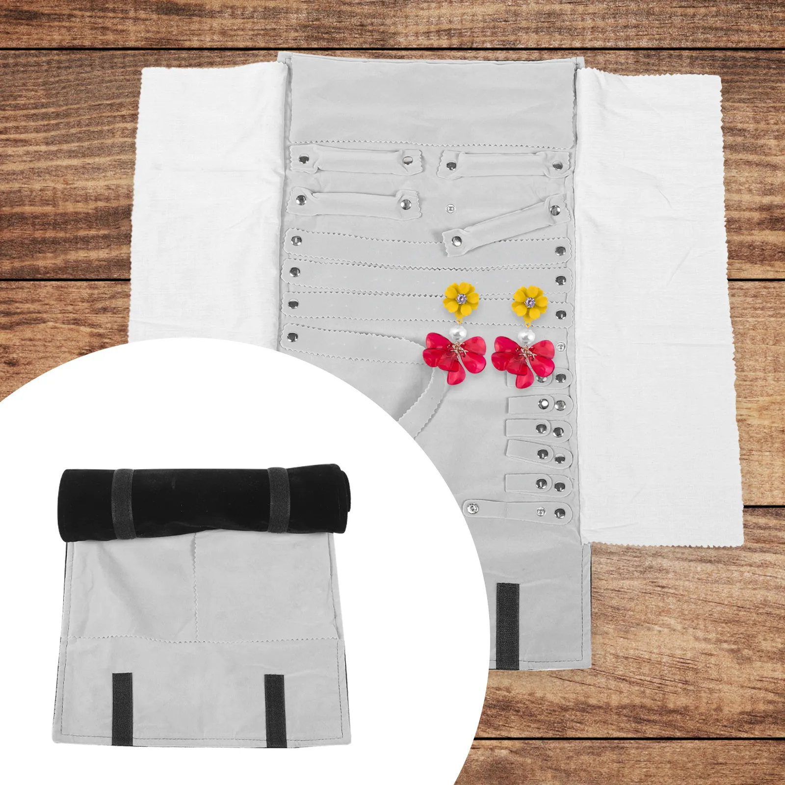 

Органайзер для украшений, дорожная сумка из роскошной ткани с серой подкладкой, вмещает 12 колец, 12 пар серег, 6 браслетов, 6 ожерелий.