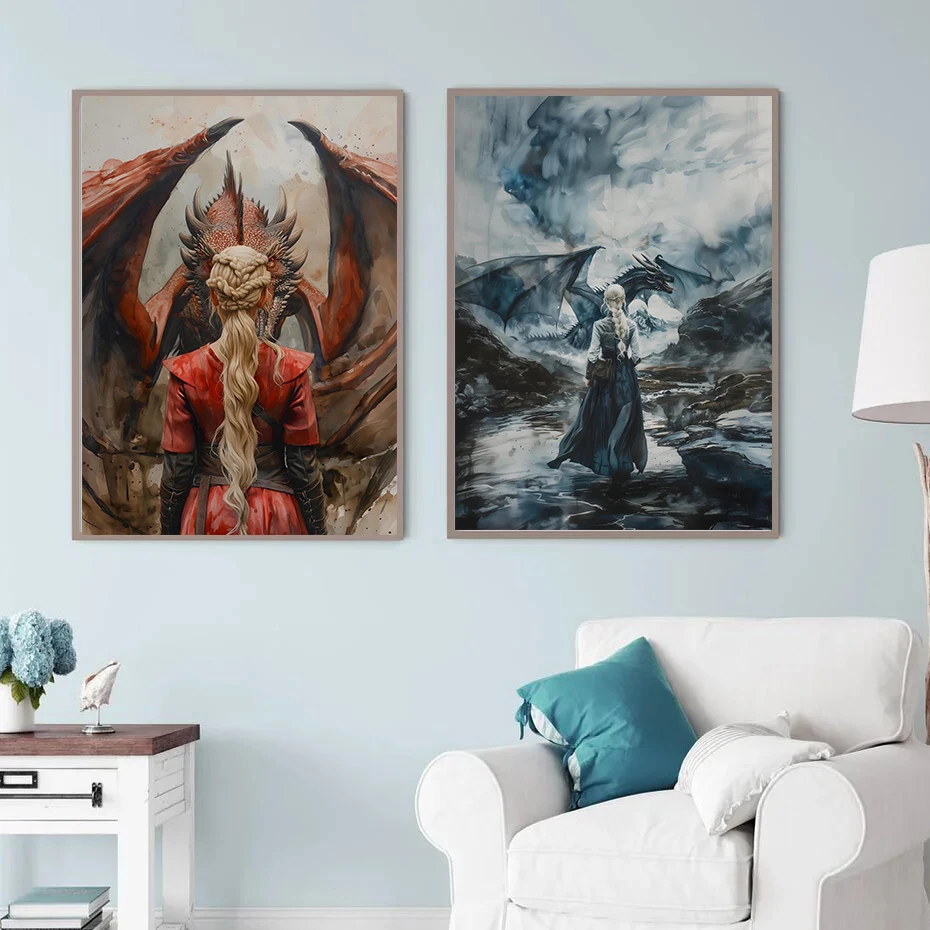 Watercolor Forest White Green Dragon Poster Print Fantasy Canvas  Painting Dark Academia for Living Room Home Decor Cuadros