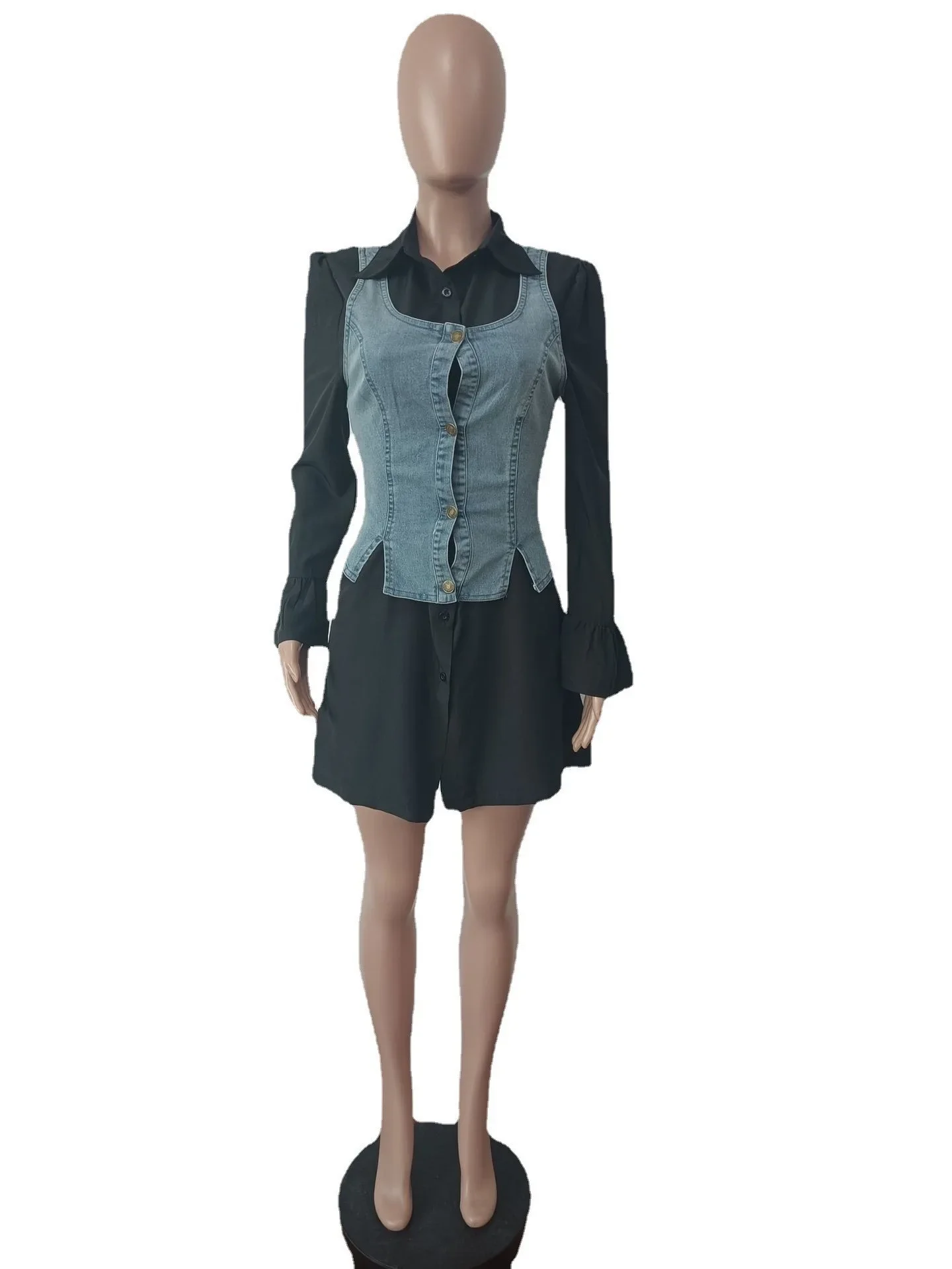 New fall fashion design two-piece set with denim vest and long sleeve white shirt dress