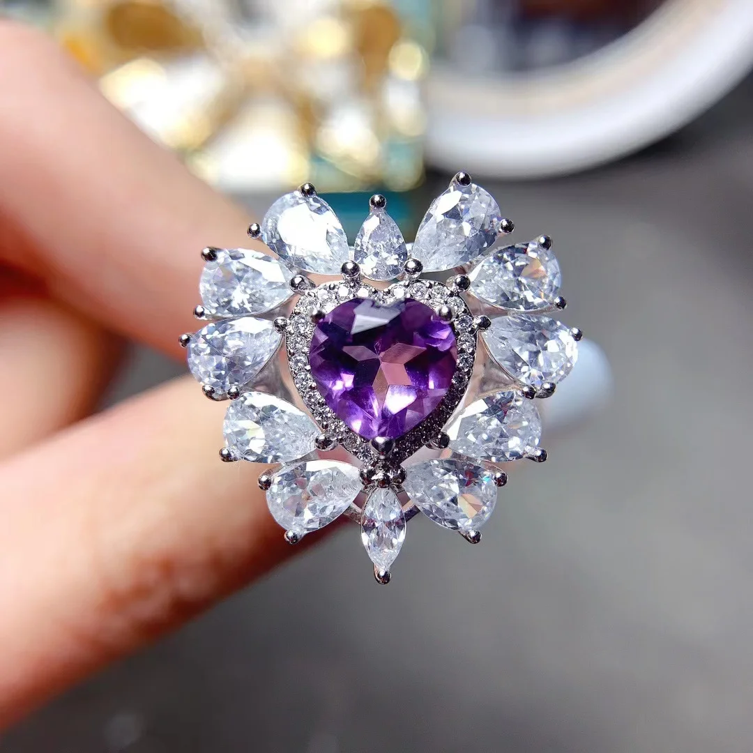 Natural Amethyst Ring Carry Certificate Luxury Jewelry Designer 925 Silver Ring Glitter