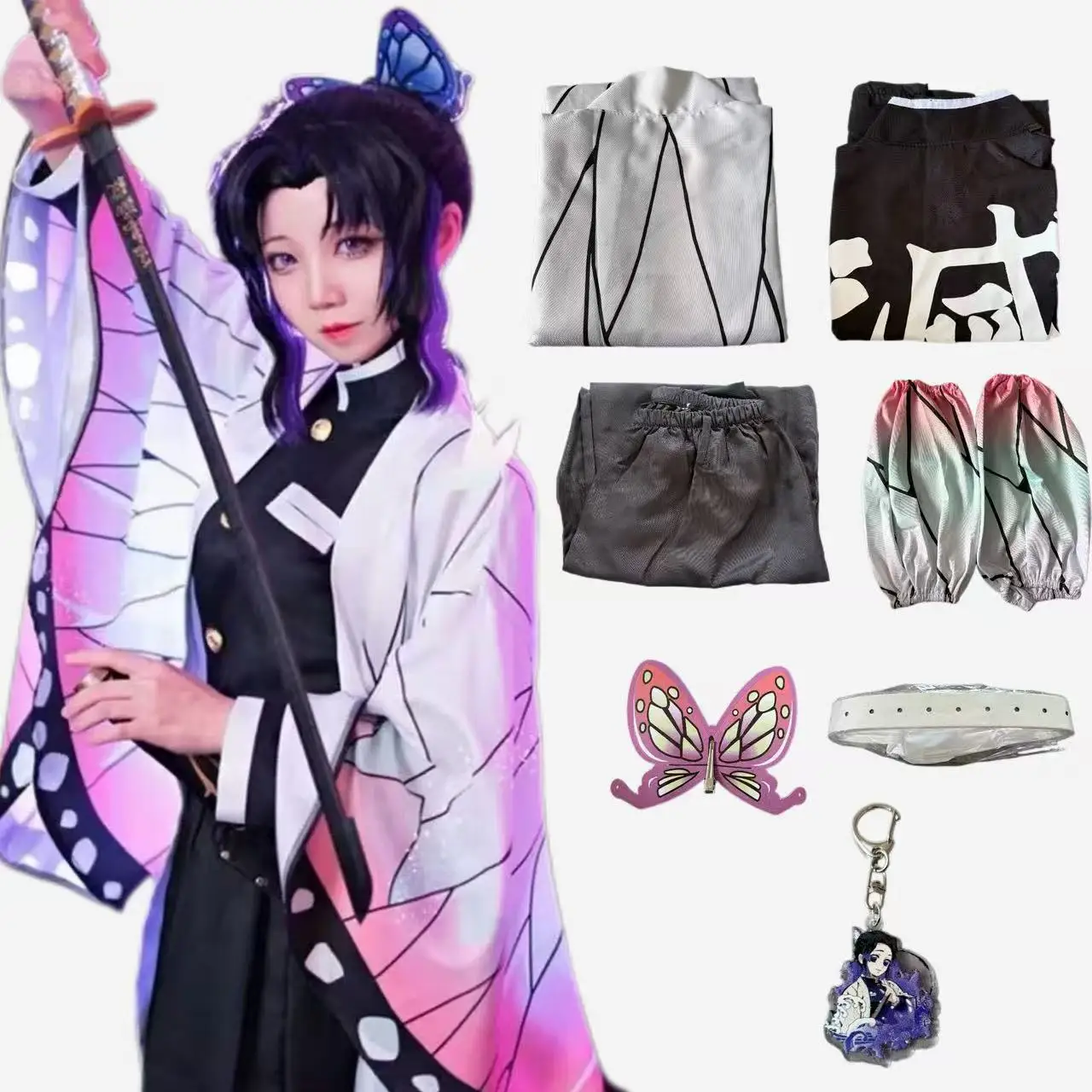 Tenue de cosplay 2026 du personnage d'anime Kochou Shinobu, ensemble complet de kimono avec perruque et cape Haori pour événements de cosplay
