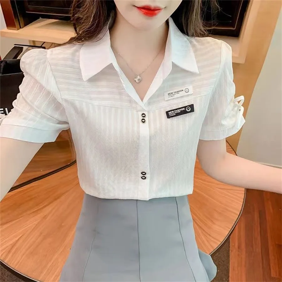 Woman Summer Style Blouses Shirts Lady Casual Short Sleeve Turn-down Collar Solid Color Blusas Tops DF4392