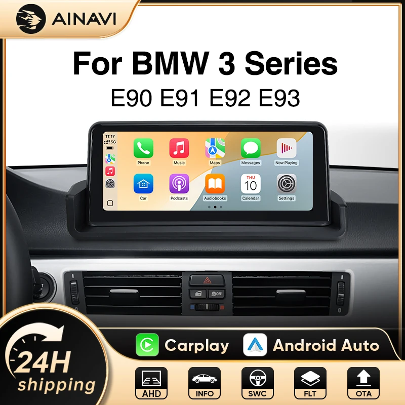 Autoradio AINAVI pour BMW Série 3 E90 E91 E92 E93 2005 2012 CIC, Carplay sans fil, Android Auto, Bluetooth, Apple Carplay, autoradio, écran de voiture, système d'infodivertissement, système intelligent de voiture, 10,25 pouces