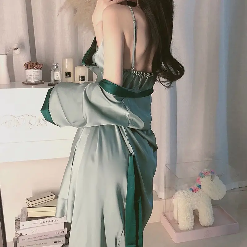 Ladies Silk Stain Robe Gown Set Women Sexy Patchwork Nighties Silky Short Robegwon Female Comfortable Loose Home Clothing M-XL