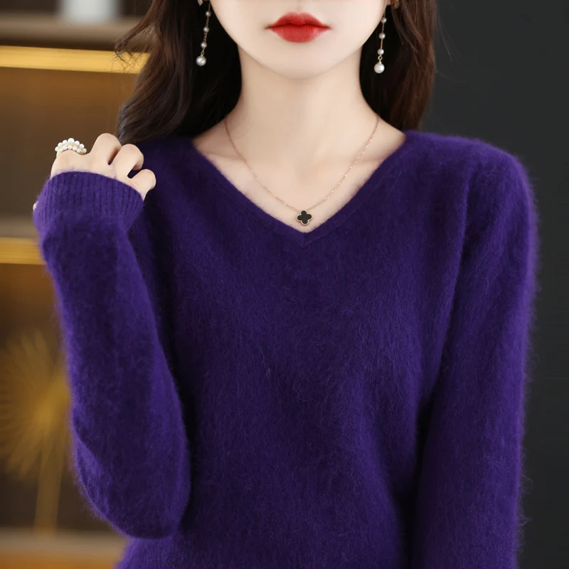 2020 Winter Women\'s Sweaters V-neck 100% Mink Cashmere Pullover Female Soft Warm Solid Color Sweaters Women Knit Basic Sweater