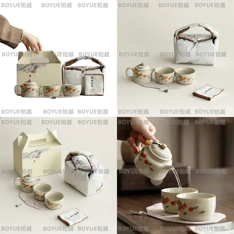 for New Chinese Persimmon Ruyi Hand Painted Teapot Kung Fu Tea Set with Travel Cloth Bag Housewarming Gift Box Teacup
