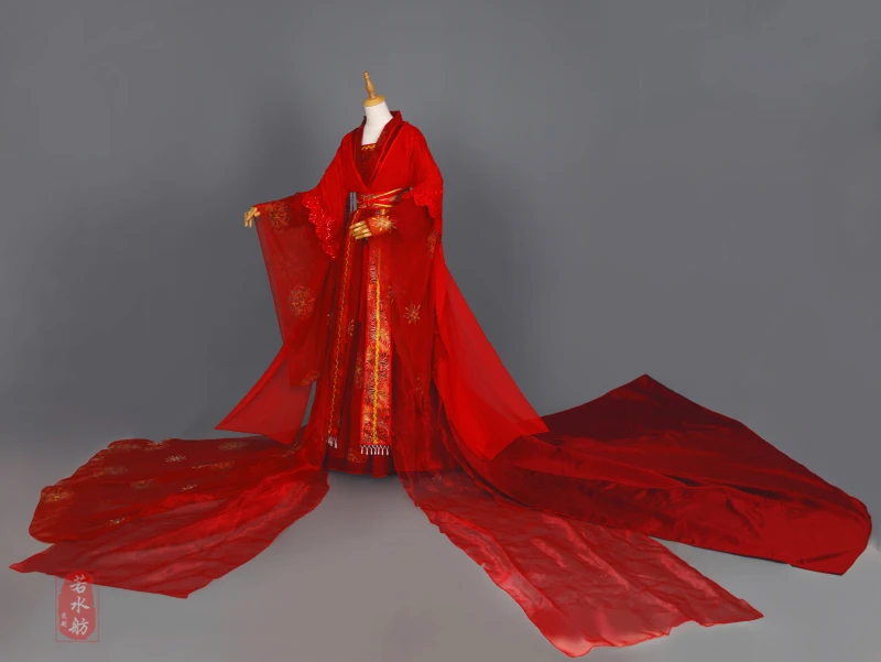 Ruoshuifang Ancient Style Red Wedding Dresses Women\'s Tail Large Skirt Ancient Cosplay Costume, Large Sleeve Han Fu Halloween