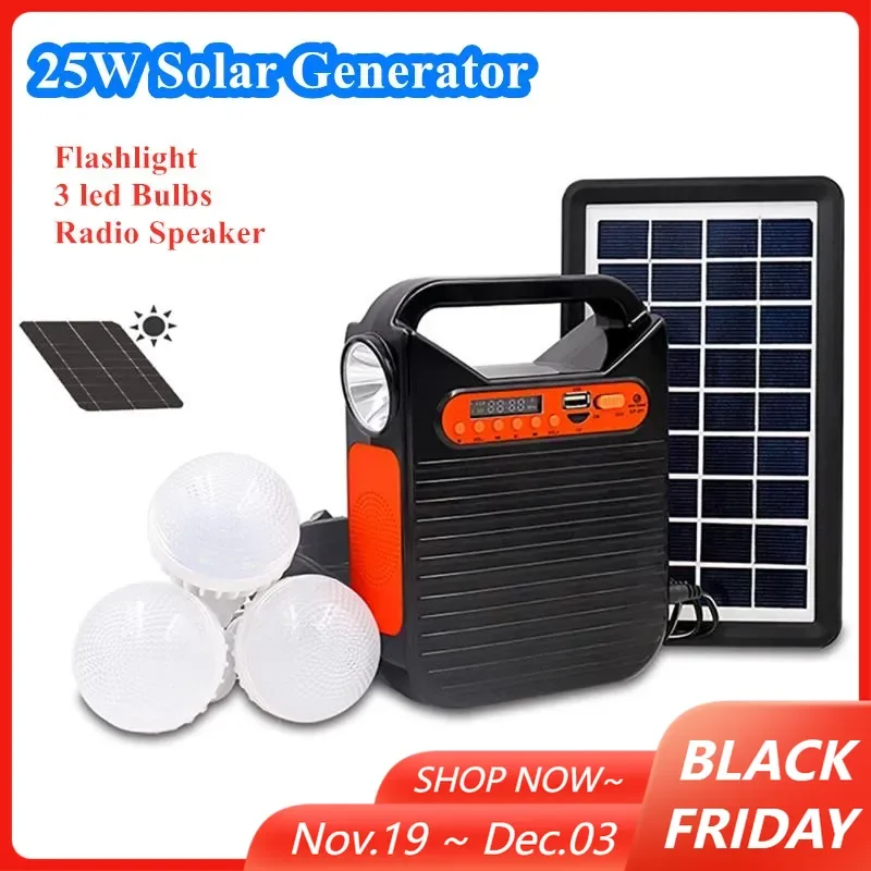 

Solar Generator Outdoor Portable Lighting Solar Panel Emergency Power Supply with Radio Speaker Flashlight 3 LED Bulbs