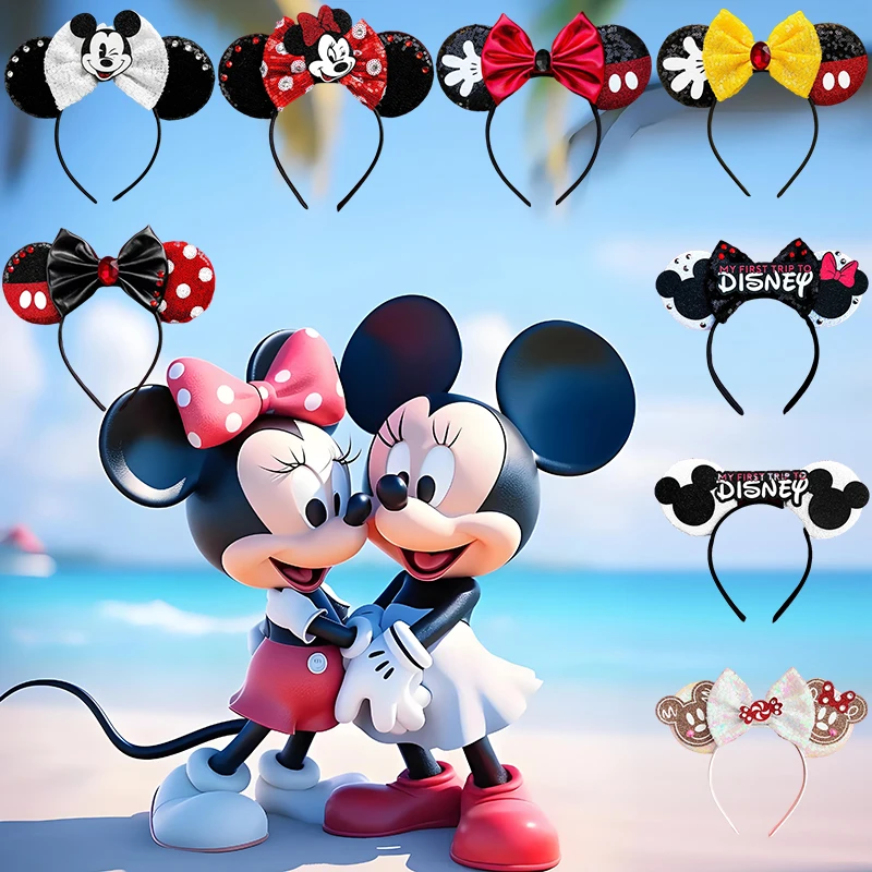 

Женские повязки на голову с ушками Минни Мауса Диснея, милые повязки для волос с Микки Маусом для девочек, эластичные аксессуары для волос с бантом и блестками, детский косплей