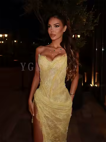 Yellow Evening Dresses Lace Beaded Pleated Corset Side High Split Formal Evening Gowns Graduacion Prom Dress Special Occasions