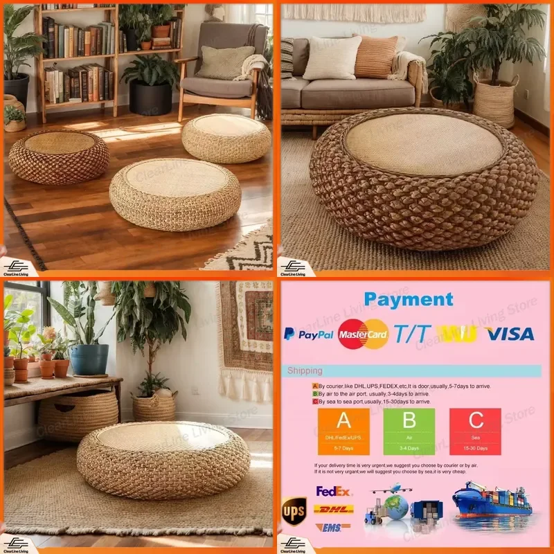 Hand-woven Water Hyacinth Round Seat Cushion Stool Handmade Rattan Floor Cushion Rest Seat Suitable for Living Room Balcony
