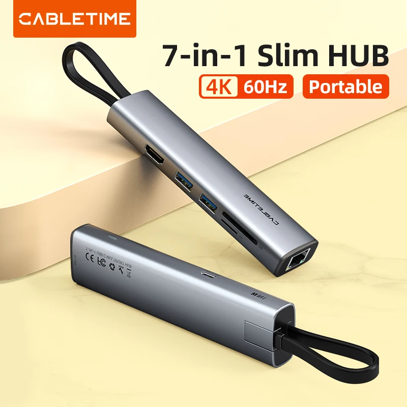 CABLETIME PC 맥북 프로 아이패드 C 어댑터 도크 허브용 USB C 타입 허브, 7 인 1 슬림 to 4K 60HZ HDMI RJ45, 1000Mbps PD 100W 